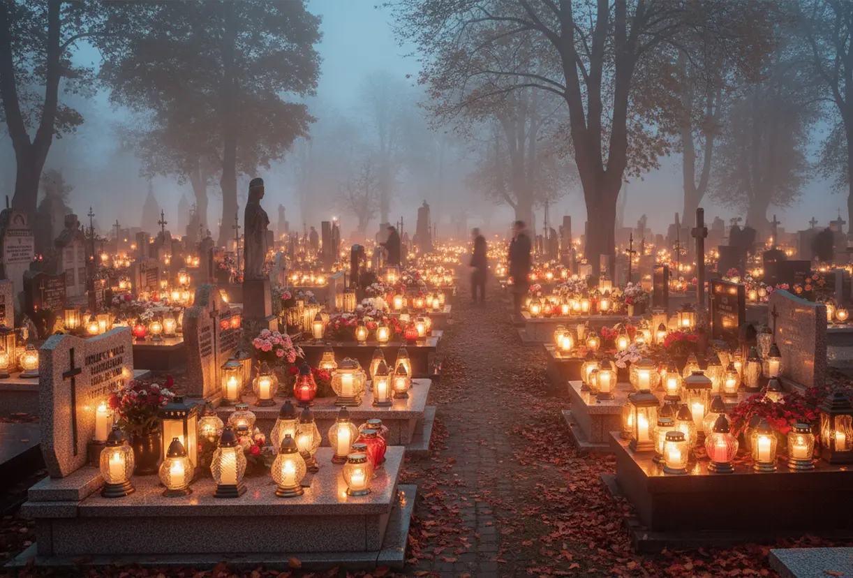 Cmentarz o zmierzchu w dniu Wszystkich Świętych, oświetlony setkami zniczy – symbol wiary i nadziei na życie po śmierci.