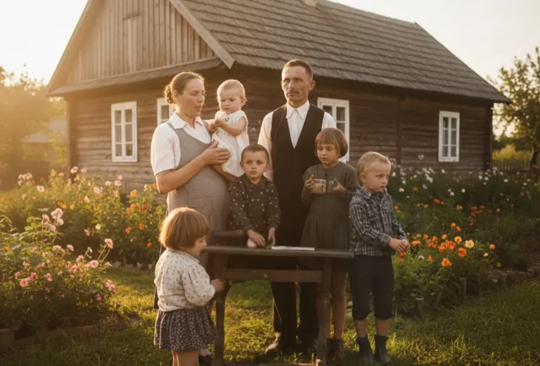 Rodzina Ulmów stojąca przed wiejską chatą w Markowej – symbol wiary, miłości i świętości w codzienności.